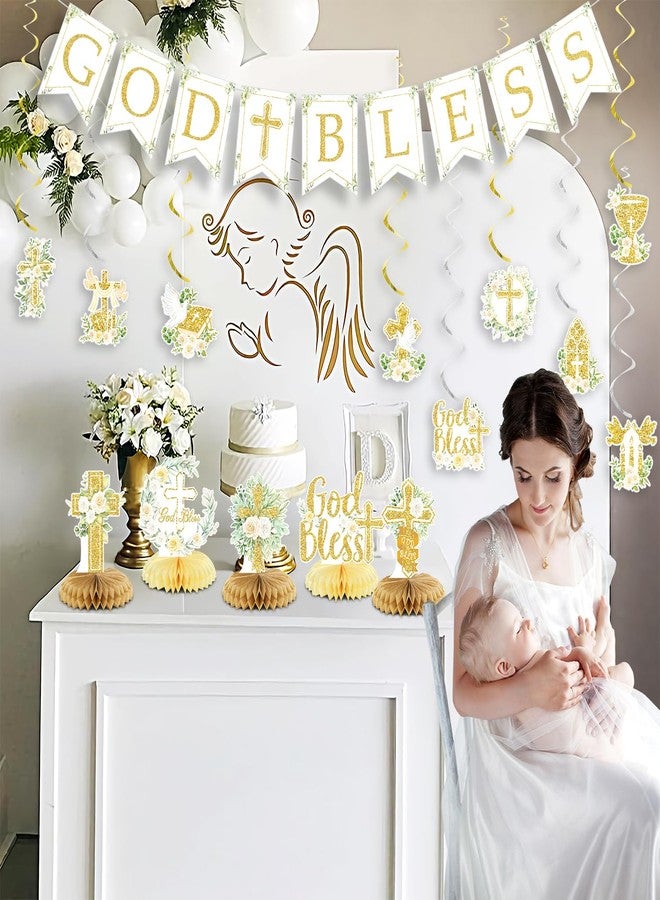 LANGASQUE Gold Baptism Decorations, Glitter God Bless Banner Hanging Swirls Honeycomb Centerpieces for Baby Shower Birthday First Communion, Baptism Party Supplies - Image 5